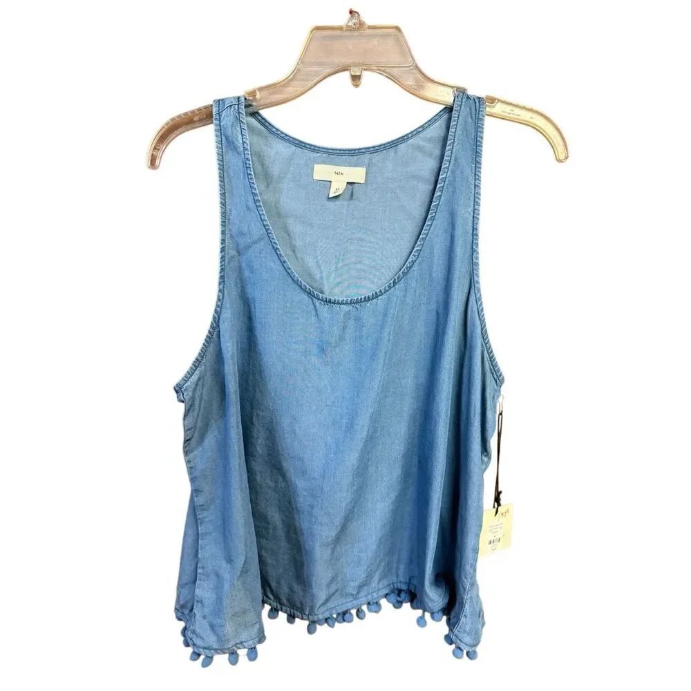TGLA Chambrey denim tank top flowy, cropped silhouette pom-pom trim along the he